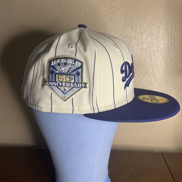 Los Angeles Dodgers New Era 59FIFTY Off White Pinstripe Script Hat Cap 7 3/8 - Picture 4 of 10